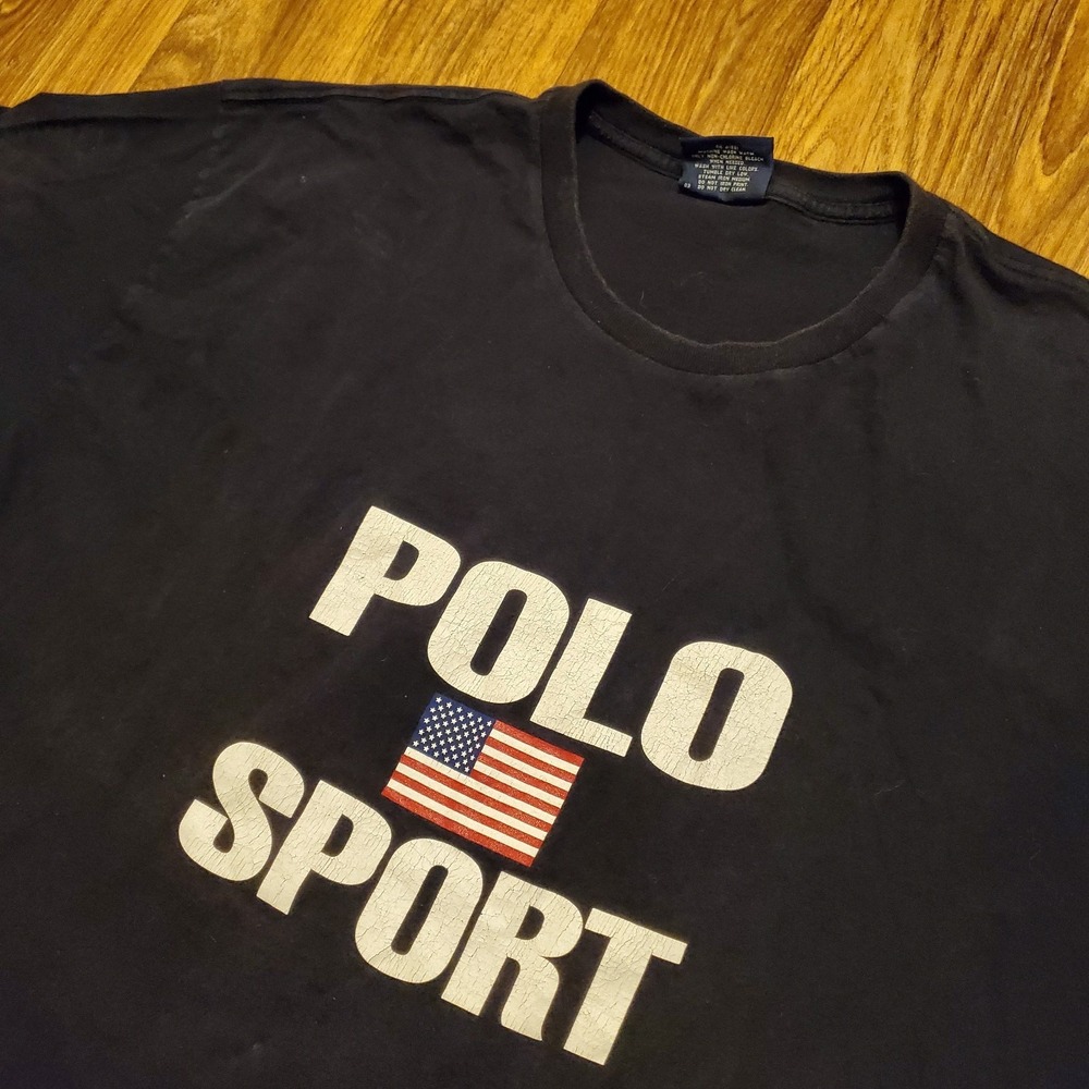 Vintage 90s Polo Sport Ralph Lauren Shirt Men XL Blue Big Spellout USA Flag‎